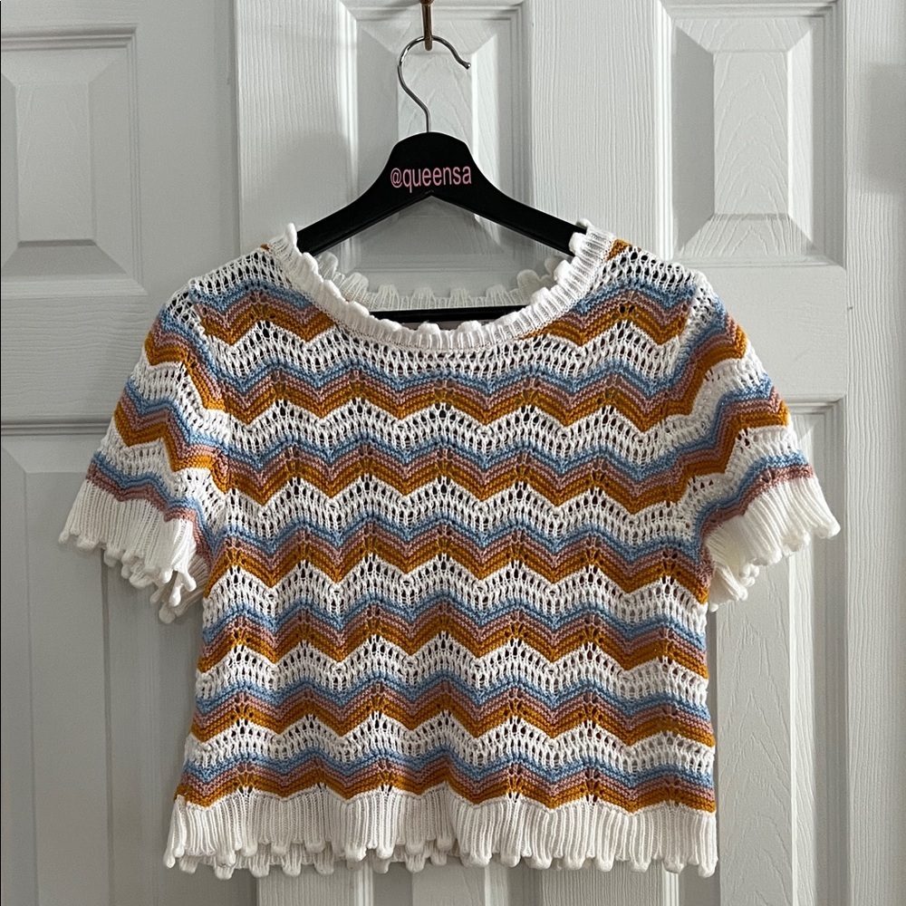 Crochet frill short sleeve knit top in blue and neutral stripes Chevron Knit Top